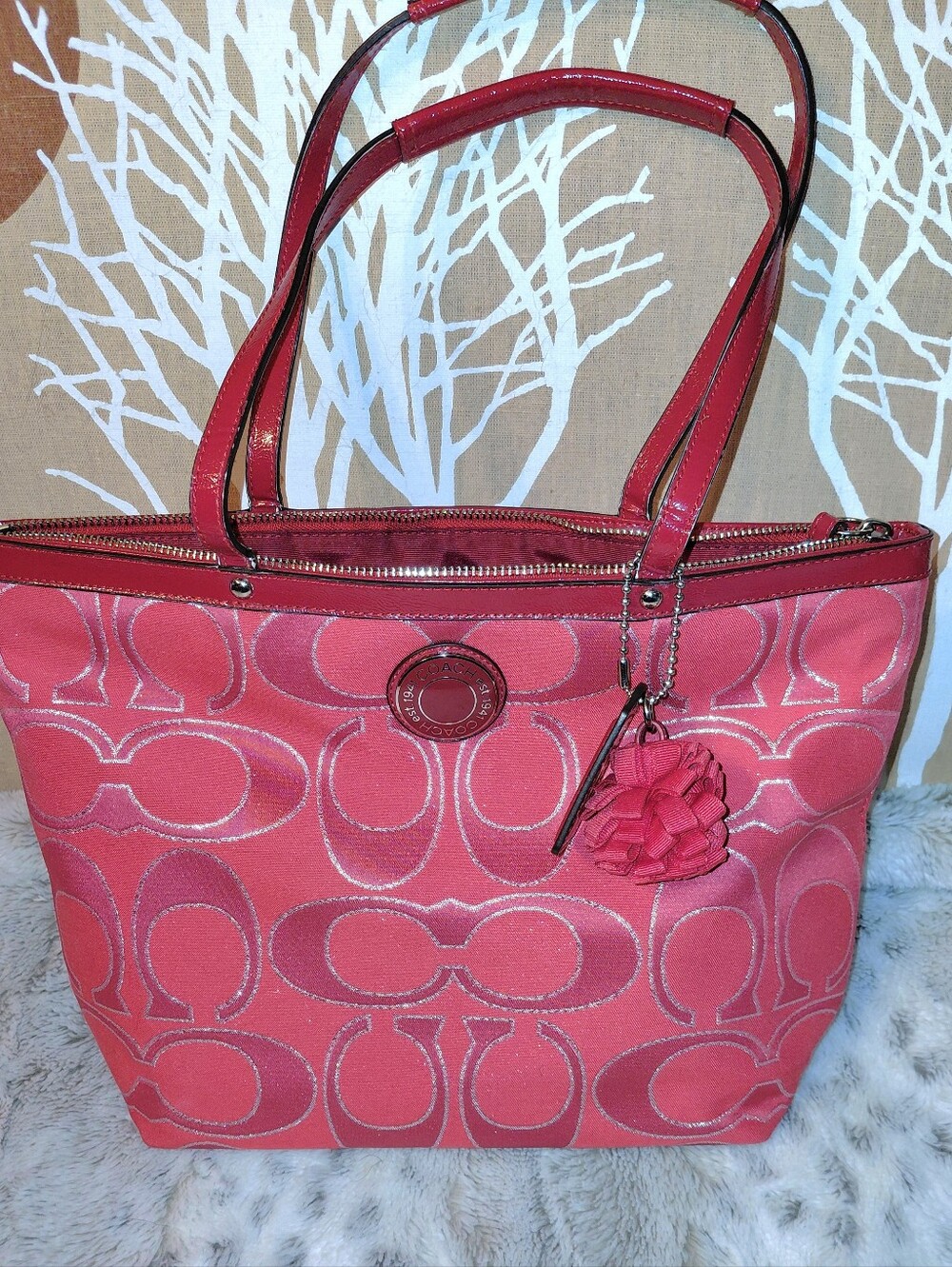 Coach Coral Signature Tote with Rose Pom Charm REHAB